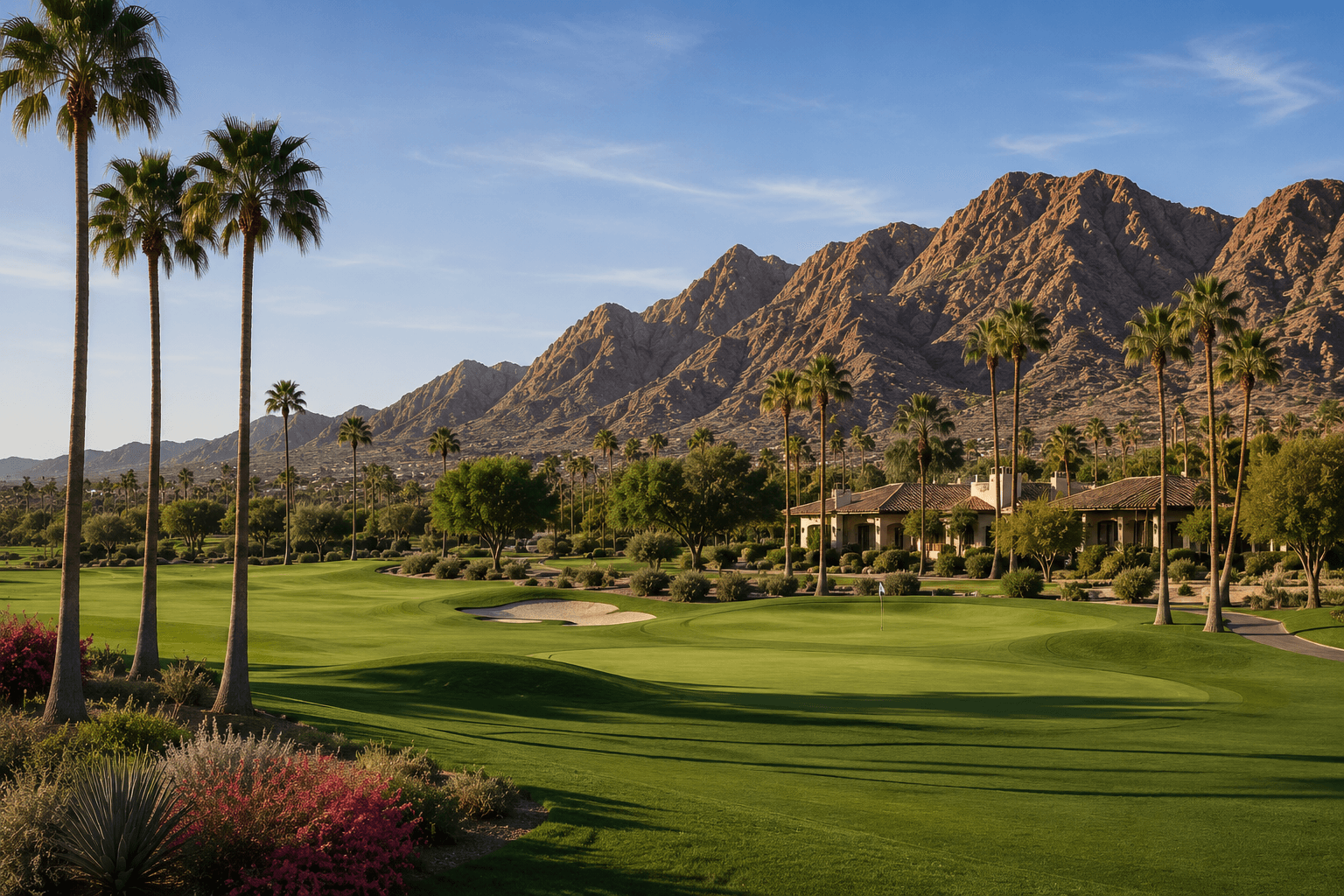 A Scottsdale golf course framed by palm trees with desert mountains in the distance.