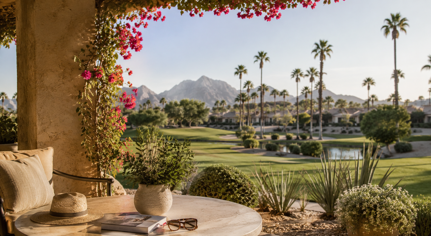 Scottsdale patio overlooking a golf course, palm trees, and mountain views.